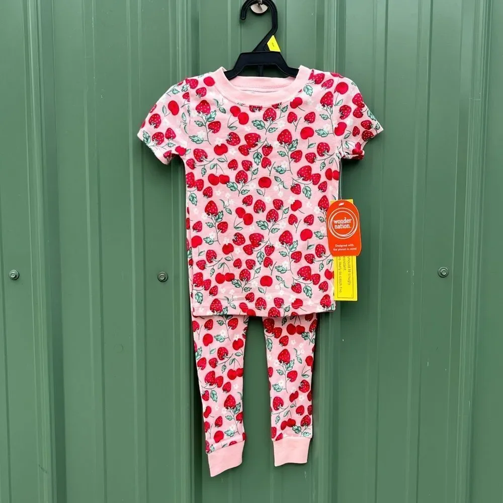 Toddler Cotton Sleep Tee & Pants Pajama Strawberry Print 2-Piece Set Size 3T